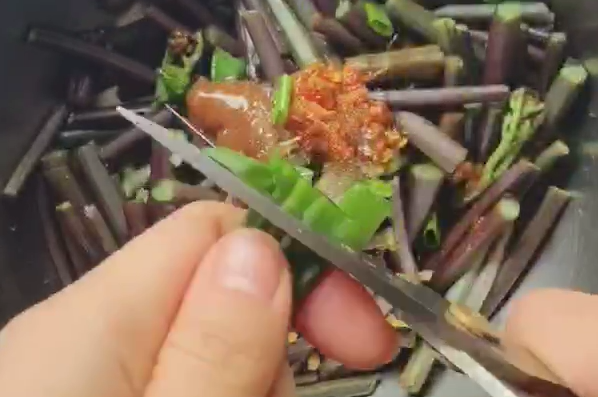 凉拌蕨菜,加半勺的盐、糖、料酒、味精、适量葱花,