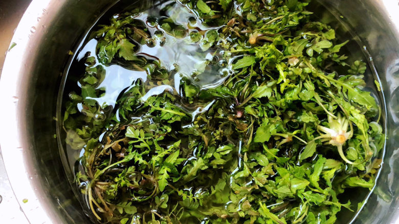 荠菜拌香干,反复冲洗几遍,直到盆底没有泥沙为止。