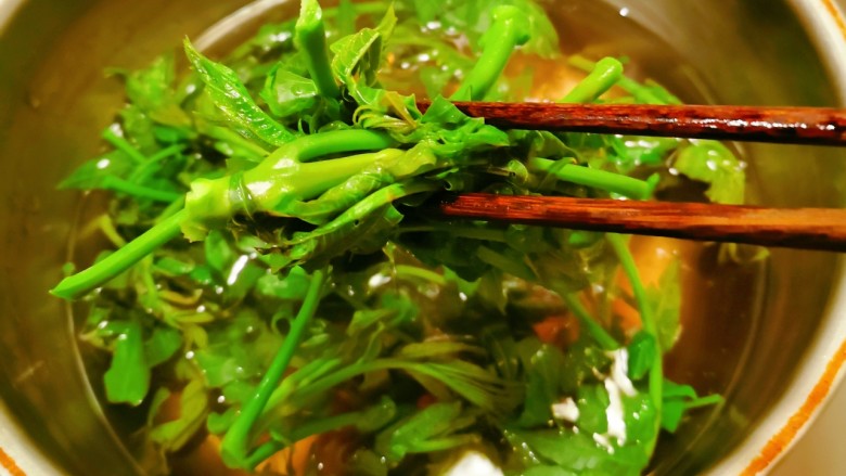 香椿炒蛋,香椿择洗干净,放入开水中汆烫,颜色变绿色后捞出。