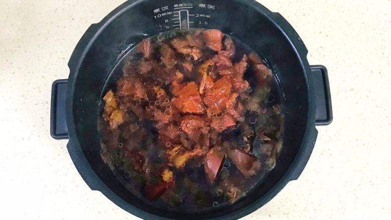 西红柿炖牛肉,高压锅启动牛肉程序,大约50分钟就可以煮好了