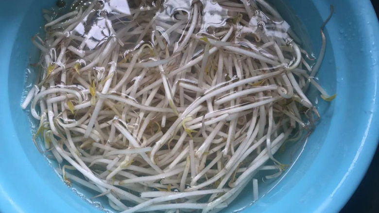 醋溜绿豆芽,择去老根,泡一会洗干净