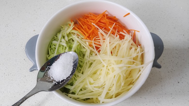 家常土豆饼,将土豆丝、包菜丝、胡萝卜丝放入大碗中,加入适量盐调味