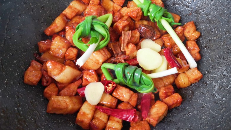 豆角焖肉,下入小葱结、生姜片、干红辣椒、草果、八角和桂皮,炒出香味。
