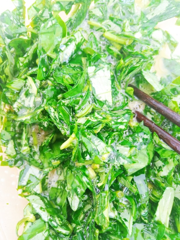 蔬菜鸡蛋饼,搅拌均匀，让蛋液充分包裹住菜叶。