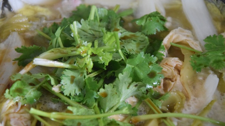 酸汤肉片,关火,加入<a style='color:red;display:inline-block;' href='/shicai/ 131'>香菜</a>段跟酱醋汁拌匀即可出锅