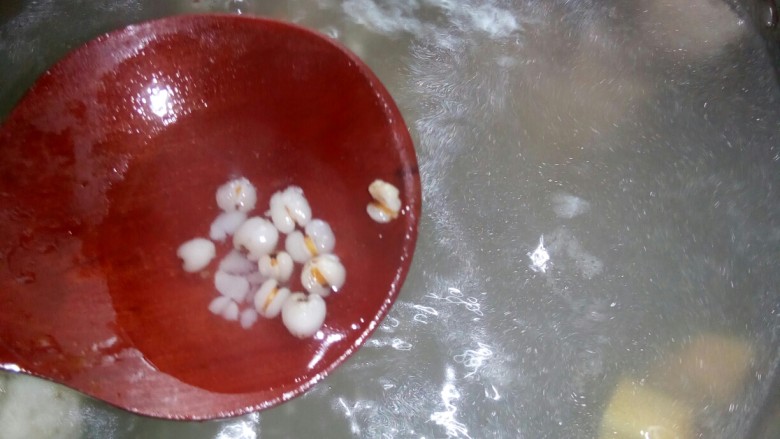 冬瓜苡仁排骨汤,转小火煮至苡仁开花。