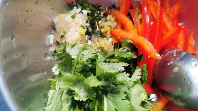 凉拌炸蛋,加入蒜,葱,<a style='color:red;display:inline-block;' href='/shicai/ 131'>香菜</a>,彩椒