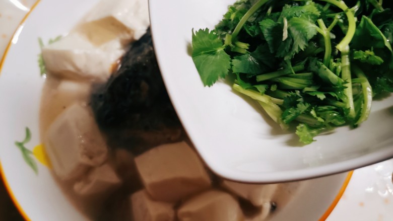 鱼头炖汤,出锅,趁热加入香菜。