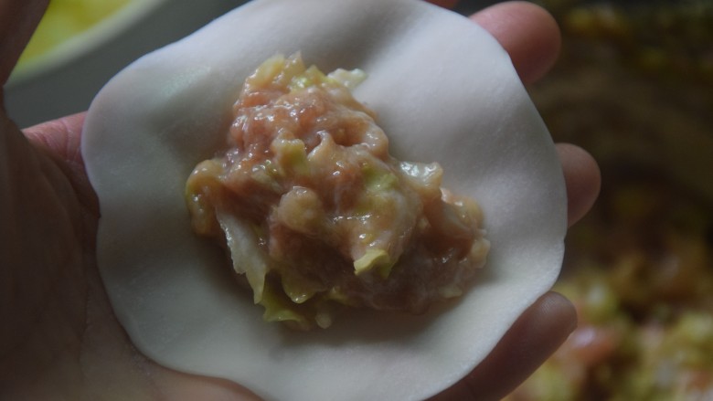 白菜猪肉煎饺,取一张<a style='color:red;display:inline-block;' href='/shicai/ 4346'>饺子皮</a>,放上适量馅料