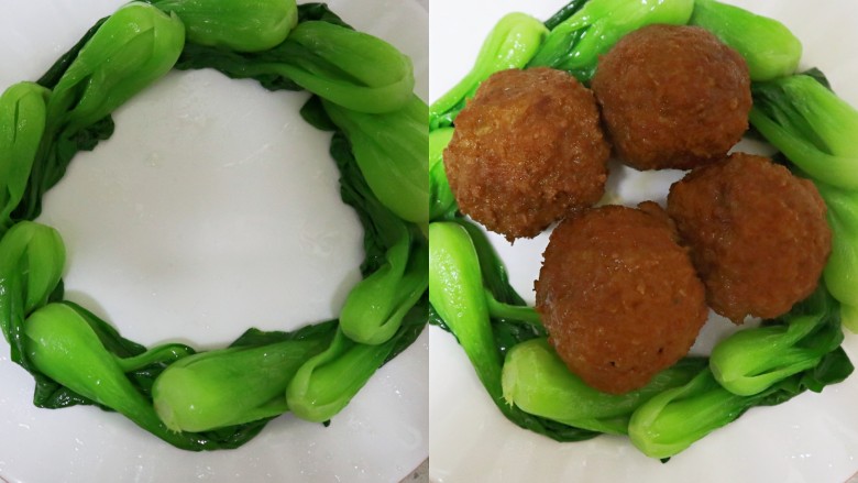 年夜饭宴客压轴菜四喜丸子❗️红烧狮子头❗️,上海青摆入盘中,中间放上炖好的丸子