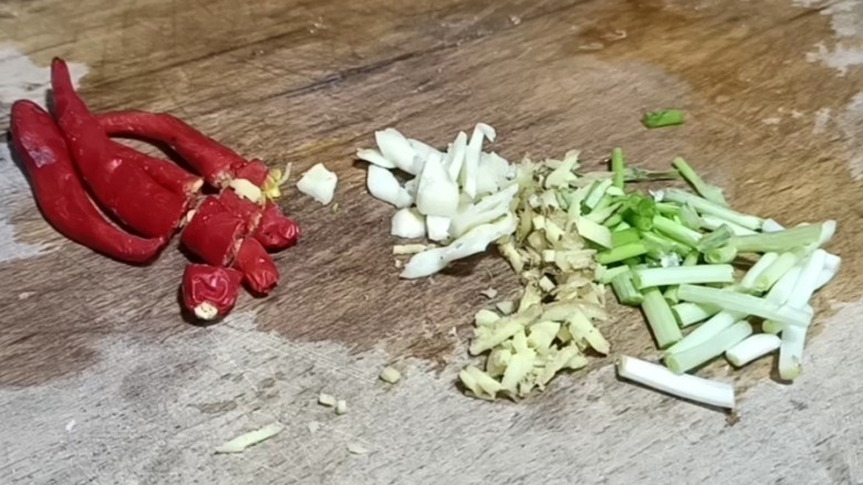 酱油肉炒萝卜,葱姜蒜,红尖椒备好