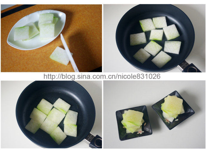 豉香煎蒸冬瓜 ,<a style='color:red;display:inline-block;' href='/shicai/ 56'>冬瓜</a>两面分别用刀轻轻划一些十字刀口；
锅中加入少许油，摇匀，烧热后放入<a style='color:red;display:inline-block;' href='/shicai/ 56'>冬瓜</a>片,小火煎至<a style='color:red;display:inline-block;' href='/shicai/ 56'>冬瓜</a>呈半透明色；将<a style='color:red;display:inline-block;' href='/shicai/ 56'>冬瓜</a>片摆在小盘中；