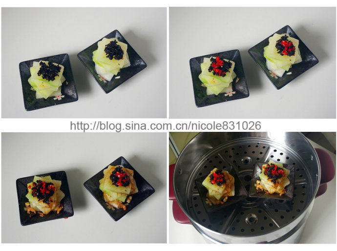 豉香煎蒸冬瓜 ,根据个人口味撒上适量<a style='color:red;display:inline-block;' href='/shicai/ 46515'>豆豉酱</a>；再撒上少许红椒末点缀, 淋入少许<a style='color:red;display:inline-block;' href='/shicai/ 864'>蒸鱼豉油</a>，最后撒上少许<a style='color:red;display:inline-block;' href='/shicai/ 1694'>海米</a>；