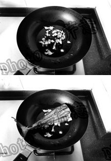 红烧鲅鱼尾,锅中入油,热锅凉油爆香蒜末;下入鲅鱼两面略煎