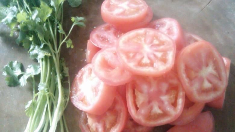 红烧番茄鱼,<a style='color:red;display:inline-block;' href='/shicai/ 59'>番茄</a>洗净切大片，<a style='color:red;display:inline-block;' href='/shicai/ 131'>香菜</a>洗净。