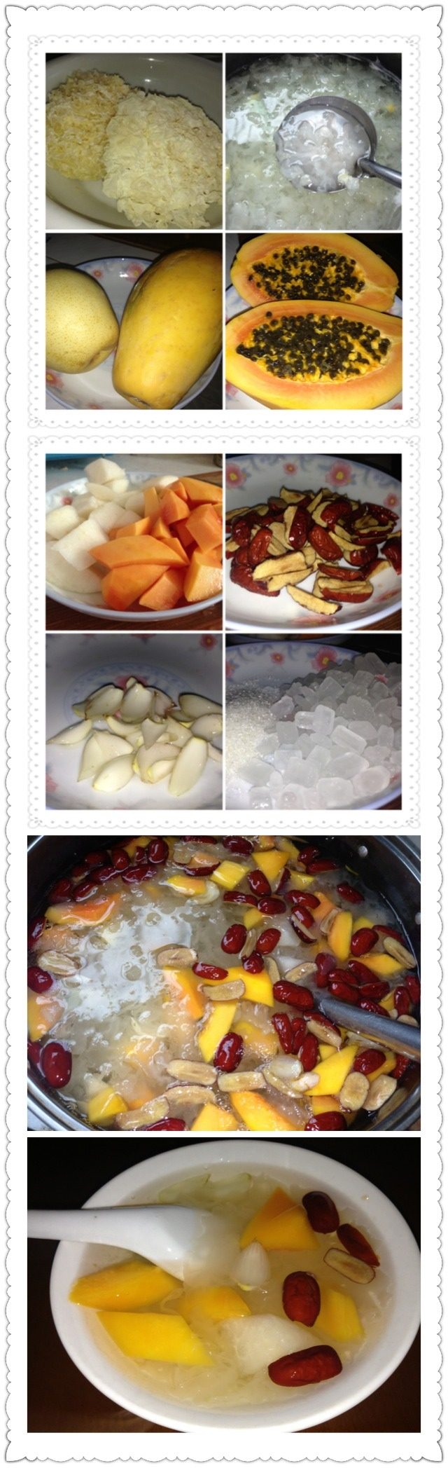 木瓜银耳汤,一直煮到银耳汤变黏 ，加入<a style='color:red;display:inline-block;' href='/shicai/ 866'>冰糖</a>  砂糖   <a style='color:red;display:inline-block;' href='/shicai/ 36'>百合</a>     继续小火慢熬5~10分  将<a style='color:red;display:inline-block;' href='/shicai/ 590'>木瓜</a> <a style='color:red;display:inline-block;' href='/shicai/ 2111'>雪梨</a>   <a style='color:red;display:inline-block;' href='/shicai/ 2470'>红枣</a>  全部放入 盖上盖子闷3分钟 关火 ……一碗无与伦比的<a style='color:red;display:inline-block;' href='/shicai/ 590'>木瓜</a>银耳汤就诞生了