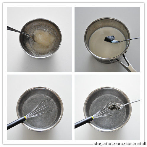 日式芝麻牛奶布丁 ,将牛奶，<a style='color:red;display:inline-block;' href='/shicai/ 3729'>白糖</a>，芝麻酱一起小火加热至温热，糖和芝麻酱融化。离火。往里加入<a style='color:red;display:inline-block;' href='/shicai/ 893'>炼乳</a>和芝麻粉，拌匀。