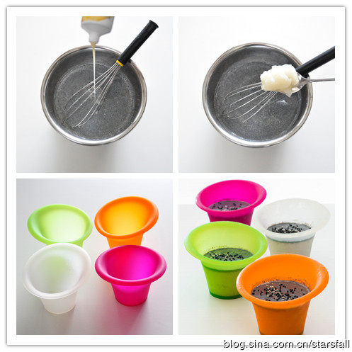 日式芝麻牛奶布丁 ,把芝麻奶液过筛，再均匀分装入模。