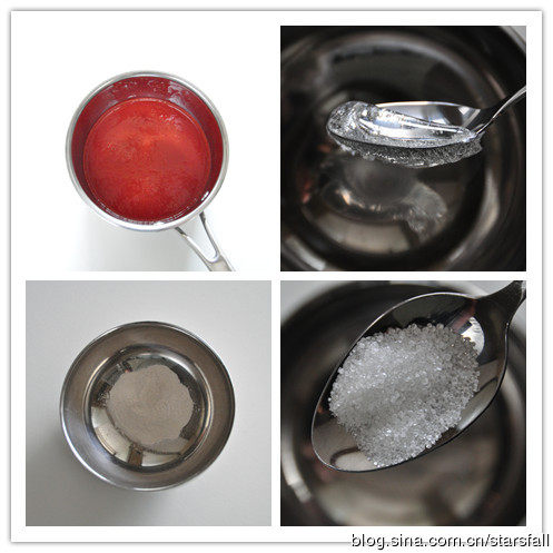 法式草莓软糖 ,把草莓果泥与柠檬汁混合，小火加热至40度。离火加入苹果胶白糖混合物，轻轻搅拌融化。