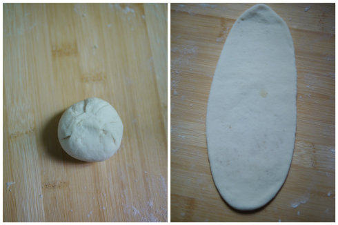 香酥小糖饼,包入油酥后收紧收口,收口朝下， 擀成牛舌状