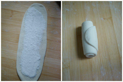 香酥小糖饼,均匀撒上混合好的砂糖面粉,卷起