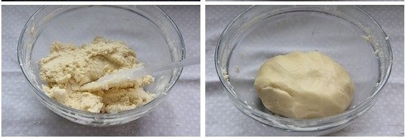 蜜桃酱饼干,用双手将面团捏合成团。用保鲜膜包实面团,移入冰箱冷藏20分钟,备用。