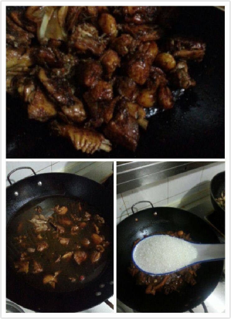 红烧鸭肉,倒入生抽,老抽,酒和盐翻炒上色,倒入开水没过鸭肉,稍煮几分钟后放白糖