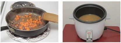 饭锅版羊肉手抓饭,水收的差不多了加入萝卜丁,翻炒几下即可。将炒好的羊肉加入电饭煲中,1杯米,2-3杯水即可。