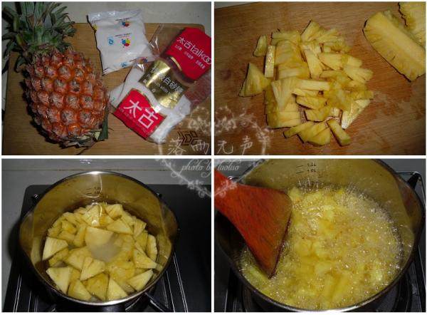 一个菠萝做出三种风味果冻,<a style='color:red;display:inline-block;' href='/shicai/ 597'>菠萝</a>去皮去芯切小块，放锅里加入白糖和<a style='color:red;display:inline-block;' href='/shicai/ 156925'>水</a>煮开，改中小火一边煮一边搅拌，至<a style='color:red;display:inline-block;' href='/shicai/ 597'>菠萝</a>软烂