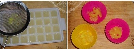 一个菠萝做出三种风味果冻,现在先做菠萝汁果冻，筛些汁水在小冰块格，稍冷就成了菠萝汁果冻，在小蛋糕模具里放几块煮过的菠萝果肉