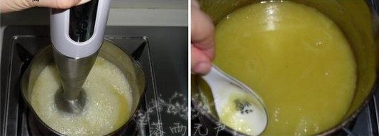 一个菠萝做出三种风味果冻,手持搅拌器在锅里直接打成菠萝汁，去掉表面的浮沫，倒入装有果肉的模具