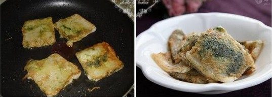 海苔香煎年糕,将年糕放入，煎至两面金黄即可