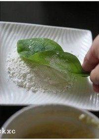 菠菜拖叶子,锅中烧开水，马上准备拖叶子，将菠菜叶其中一面在干面粉过一下