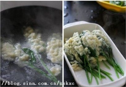 菠菜拖叶子,拖叶子做一片即下锅，基本上一片做好，一片可捞出了，捞出后码于盘中；