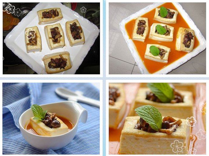 南瓜浓香牛肉豆腐,将炒好的馅料装入在豆腐盒内,再在碟内倒入事先煮好的南瓜浓汁就大功告成了。