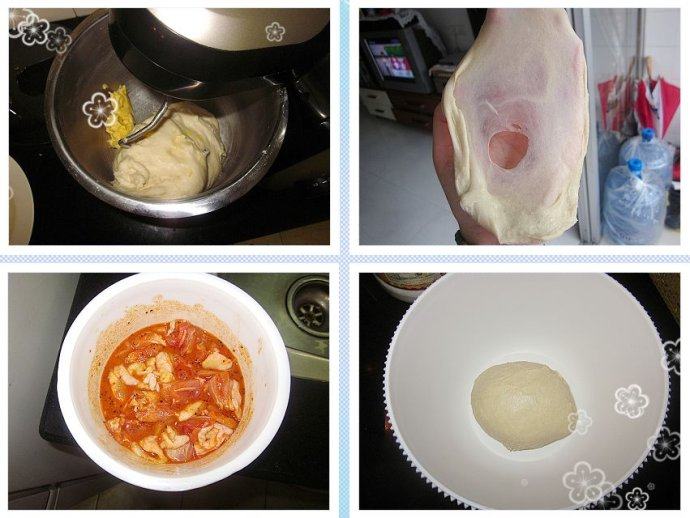 黑麦串烧鸡腿包,揉好后的面团分放进盆里,表面盖上湿毛巾,室温发酵至2.5倍大。