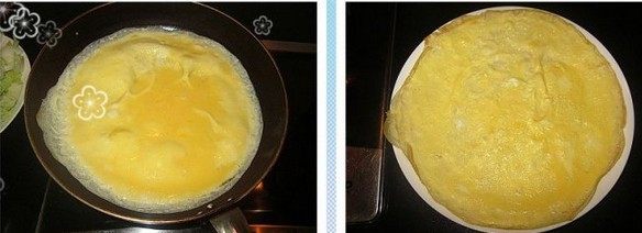 葱香鸡蛋卷,平底锅中放入适量油,小火加热至五成热,倒入鸡蛋液,拿起平底锅转上一圈,让蛋液均匀地布满锅底,小火加热至蛋液表面凝固,将蛋皮小心取出,放在一个稍大的盘中。