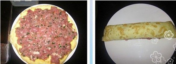 葱香鸡蛋卷,将事先腌制好的猪肉馅摊平在蛋皮上,使蛋皮均匀地铺满猪肉馅,然后轻轻掀起蛋皮的一边向内卷起,将铺满肉馅的整张蛋皮卷成卷。