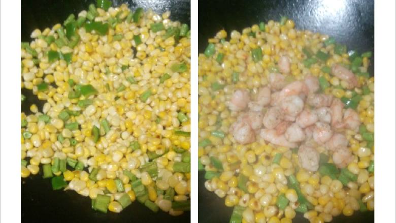 虾仁炒豆角玉米,锅里放油烧热，放姜蒜末翻炒，再放虾仁炒至变色，马上盛起，用锅底油再炒<a style='color:red;display:inline-block;' href='/shicai/ 500'>玉米</a>，豆角，青椒粒，洒少许水翻炒至熟，放盐，再放虾仁，<a style='color:red;display:inline-block;' href='/shicai/ 721'>蚝油</a>快速翻炒，打个薄欠粉水收汁，加葱花即可上碟