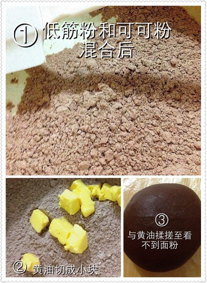 果馅奶油小攀,饼托的制作：①低粉和<a style='color:red;display:inline-block;' href='/shicai/ 920'>可可粉</a>过筛后加入15克细砂糖拌匀②<a style='color:red;display:inline-block;' href='/shicai/ 887'>黄油</a>切小块与①一起揉搓，直到看不到面粉