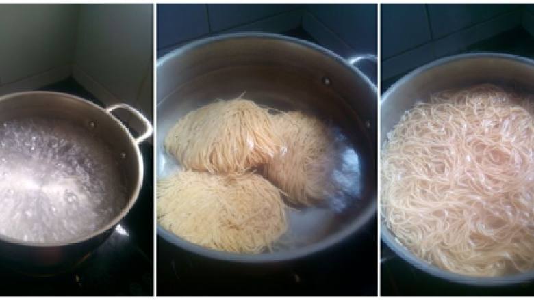 火鸭丝豉油王炒面,锅里烧水,水滚后放面,快手搅散面团,马上关火,取出