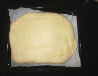 黄桃香酥面包块,将发好的面团取出,用手轻压排气,揉圆,放一边松驰15分钟。将松弛好的面团擀成长方形,放进烤盘里。