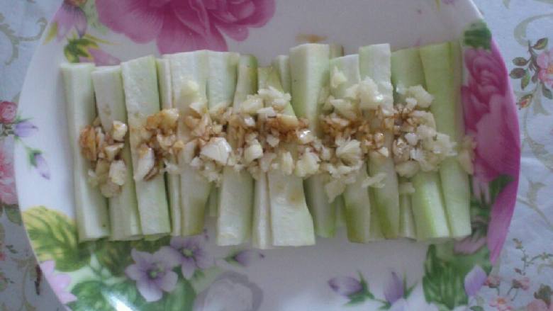 蒜蓉蒸丝瓜,<a style='color:red;display:inline-block;' href='/shicai/ 57'>丝瓜</a>去皮改刀，装盘，撒盐。蒜拍成泥，铺在<a style='color:red;display:inline-block;' href='/shicai/ 57'>丝瓜</a>上。