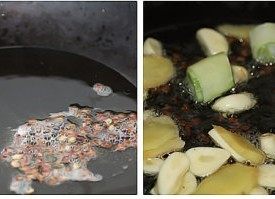 油酱脆藕,锅中倒入油,五成热时放入花椒煸香,放入葱、姜、蒜煸香。