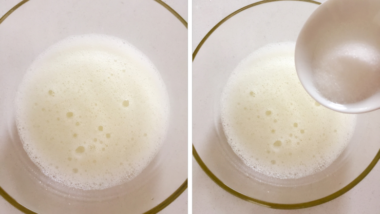 宝宝戚风蛋糕—不塌陷不回缩,低糖低油,光滑圆润又松软!12M+
,蛋白霜制作—不塌陷回缩的要点之一——将蛋清放入大碗中,无水无油,蛋黄要分离干净。用电动打蛋器中低速搅打,滴入几滴柠檬汁,打至起泡,但还有粗泡大泡时(左侧图片),加入1/3左右的糖。