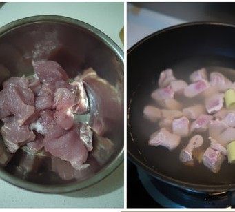 面包机版芝麻肉松,里脊肉切4厘米左右见方的大块。冷水下锅,放少许葱姜,<a style='color:red;display:inline-block;' href='/shicai/ 718'>料酒</a>焯去血沫杂质。