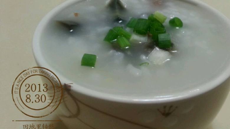 皮蛋瘦肉粥,熬大米粥，快稠的时候加入切好的姜丝皮蛋瘦肉接着熬五分钟至稍粘稠，加盐撒小香葱。