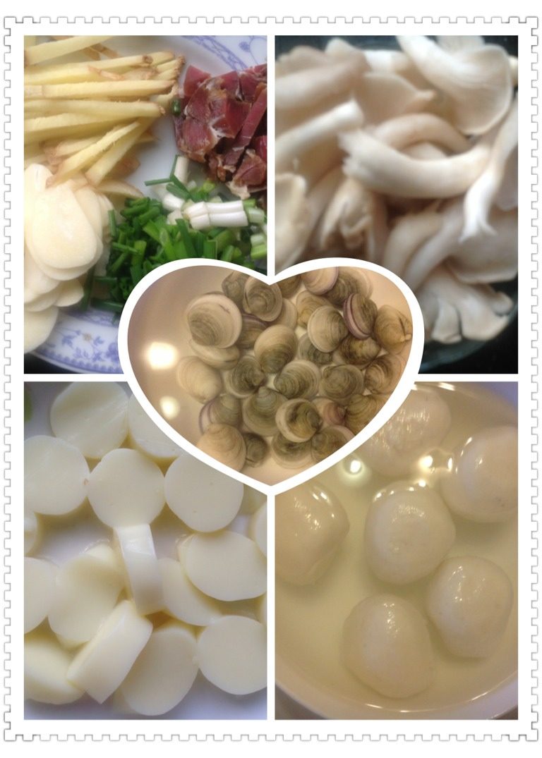 鱼头豆腐蛤蜊汤,洗净鱼头沥干备用。<a style='color:red;display:inline-block;' href='/shicai/ 438'>火腿</a>、<a style='color:red;display:inline-block;' href='/shicai/ 3250'>葱</a>、姜、蒜切丝备用。<a style='color:red;display:inline-block;' href='/shicai/ 194'>蛤蜊</a>开水里稍焯，只开一条很小的缝就捞起备用。