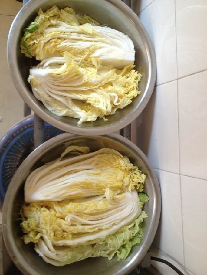 韩式泡菜,<a style='color:red;display:inline-block;' href='/shicai/ 113'>大白菜</a>从中间一切两半,大的就切四半。一层层抹上盐,放盆里浇上些盐水,静放7个小时。