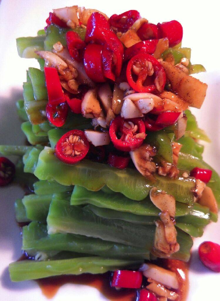 辣拌苦瓜,取一冷菜碟～把沥干水分后的苦瓜整齐摆盘～淋上调好的汁即可～